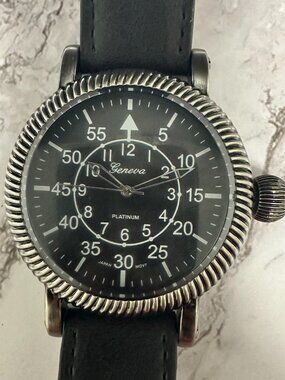 Geneva Watch Men Silver Tone Black Faux Leather Band 47MM Dial New Battery